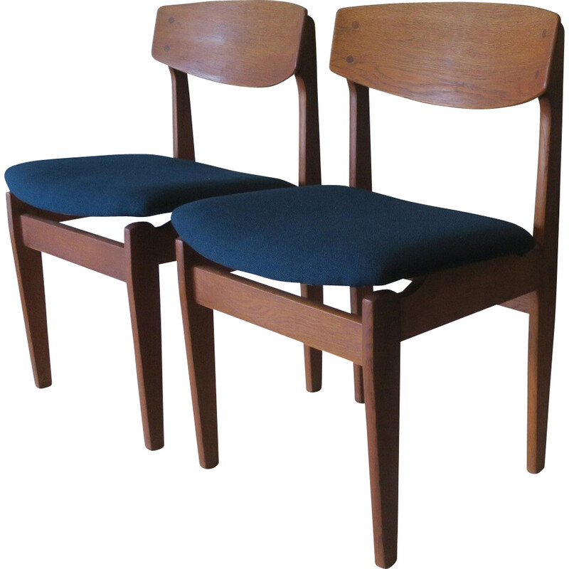 Pair of Danish vinatge dining chairs in teak and petrol blue-green fabric, 1960s