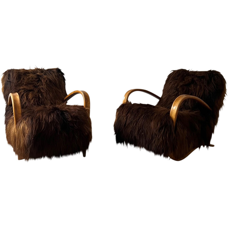 Pair of vintage sheepskin armchairs H-269 by Jindrich Halabala, Czechoslovakia 1930