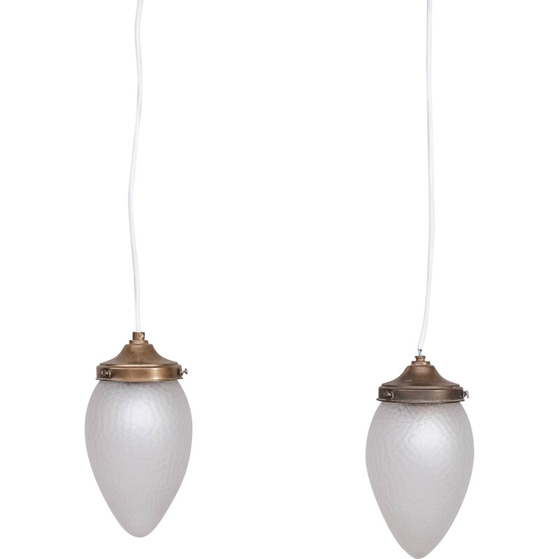 Pair of vintage glass and brass Swedish pendant lamps, 1930s