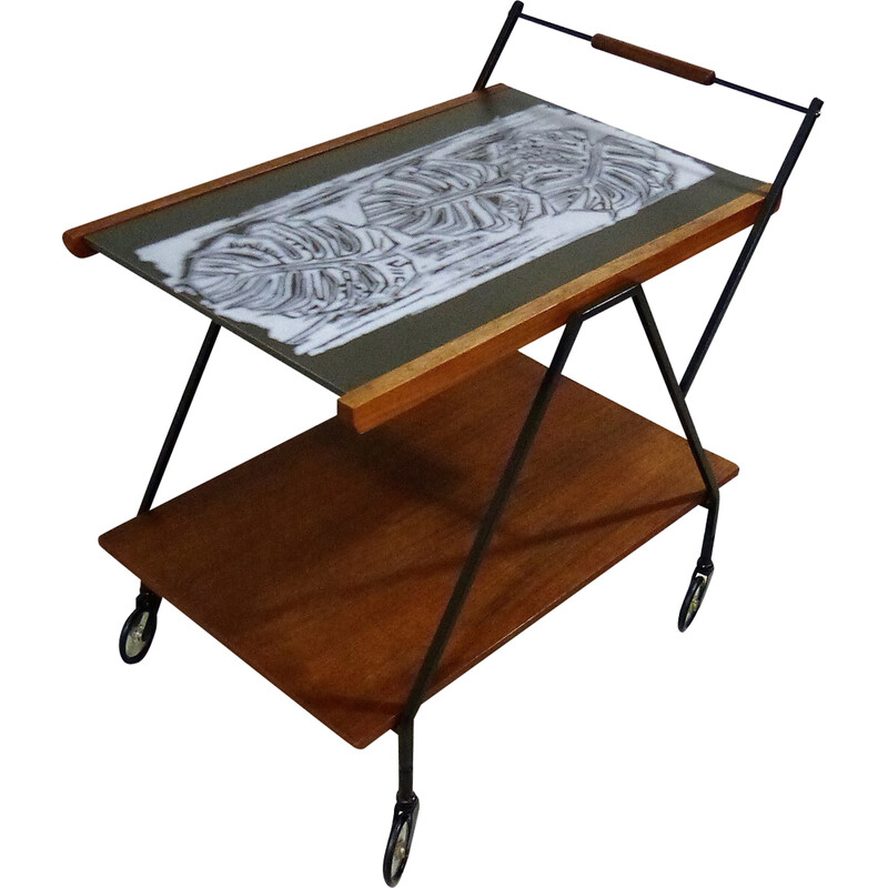 Vintage teak trolley with botanical tile top, 1960s