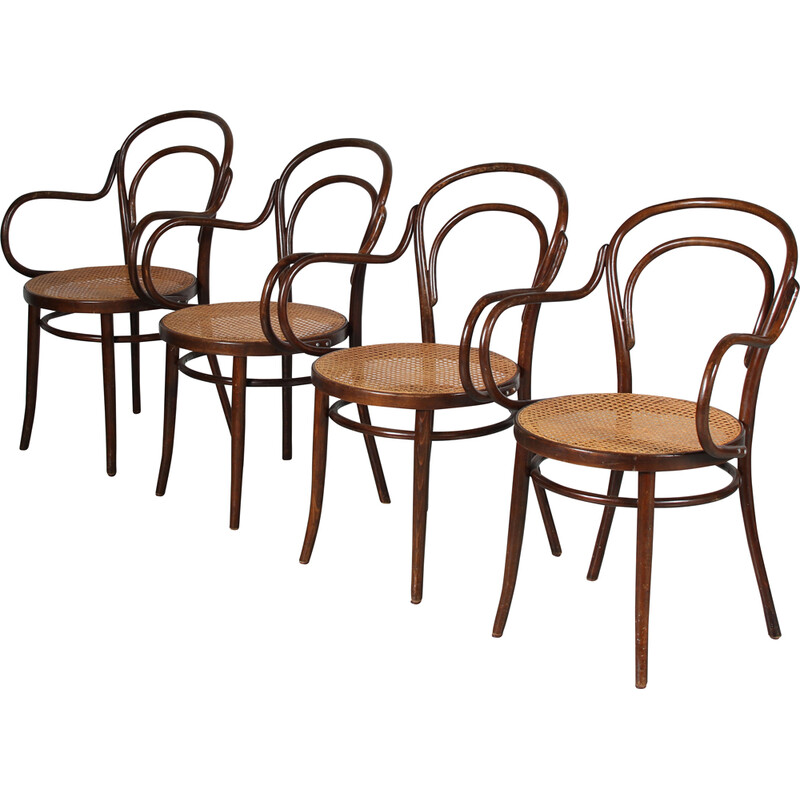 Conjunto de 4 cadeiras de jantar "Charlie Chaplin" vintage com apoios de braço da Thonet, Roménia 1960