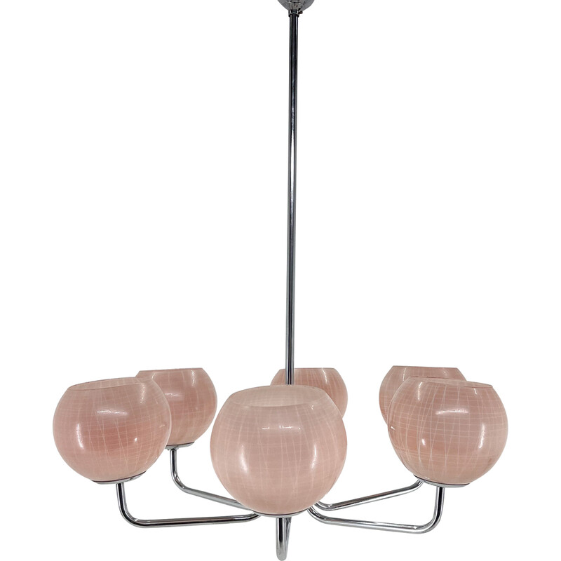 Lampadario vintage a sei bracci in cromo e vetro rosa, anni '70