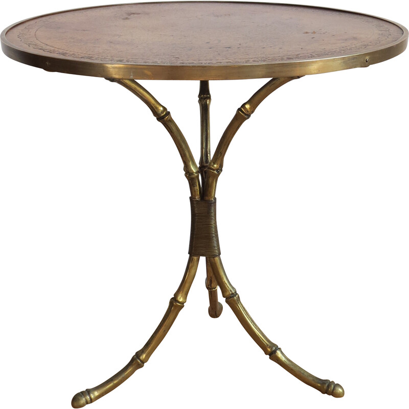 Table d'appoint vintage en laiton et cuir par Maison Jansen, France 1950