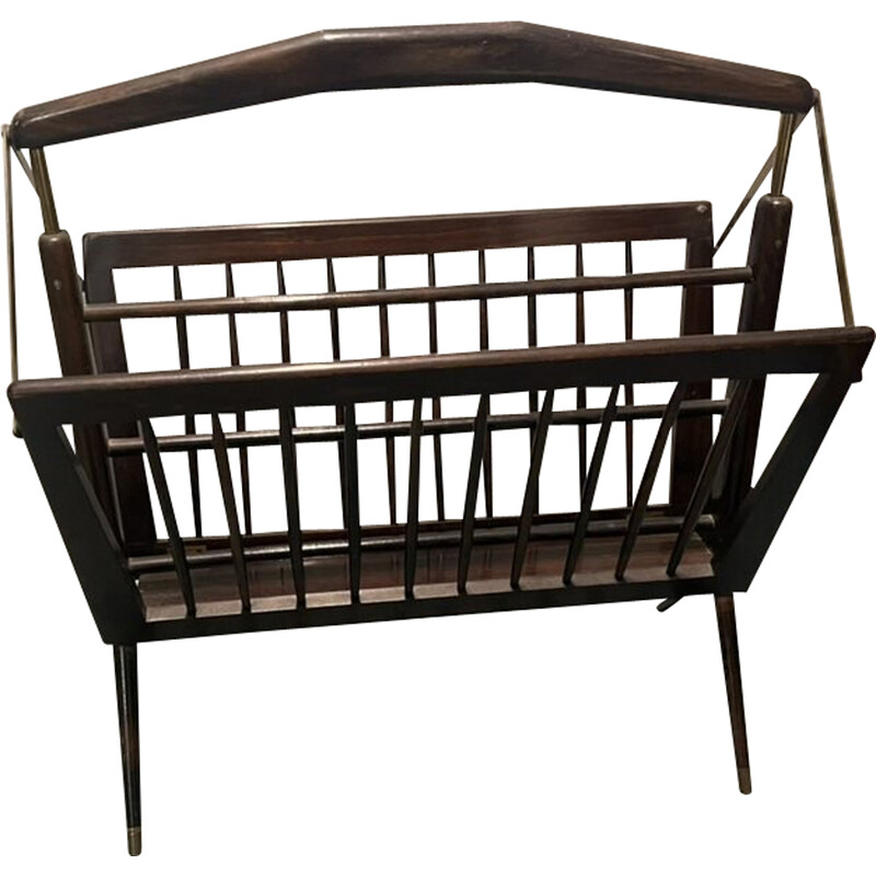 Vintage folding magazine rack in stained wood and brass by Cesare Lacca, Italy 1950s