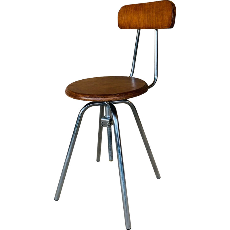 Vintage industrial metal and wood stool, 1960