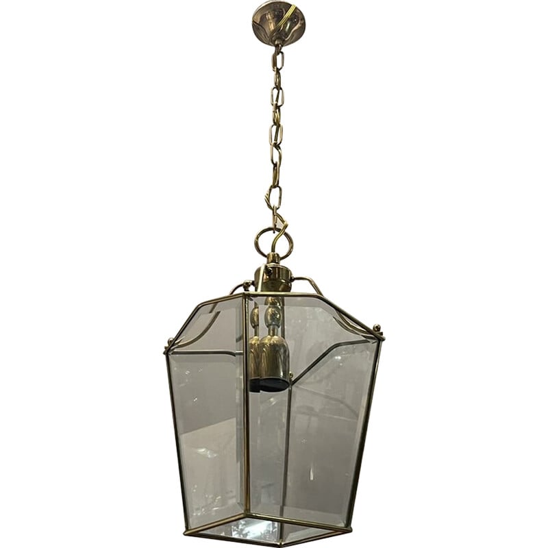 Lampada a sospensione vintage in ottone e vetro, anni '60