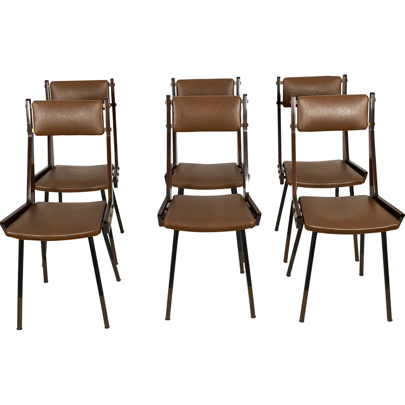 Conjunto de 6 cadeiras de jantar em madeira e metal vintage de Carlo Ratti, 1950s
