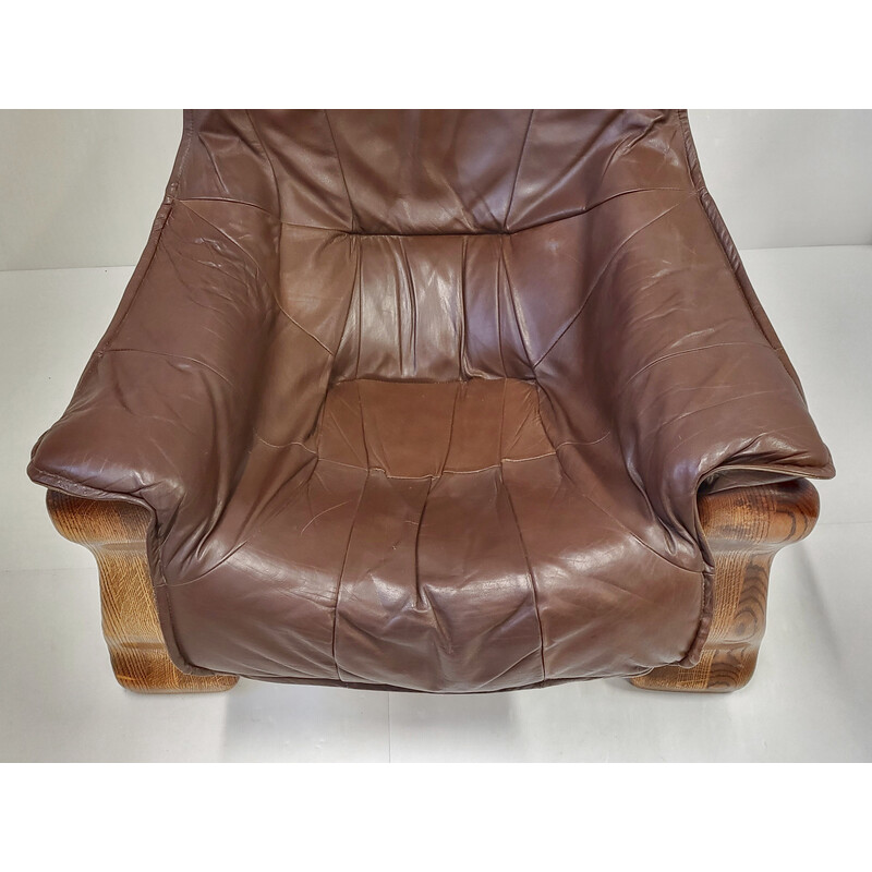 Vintage Brutalist armchair in leather and oak, 1970