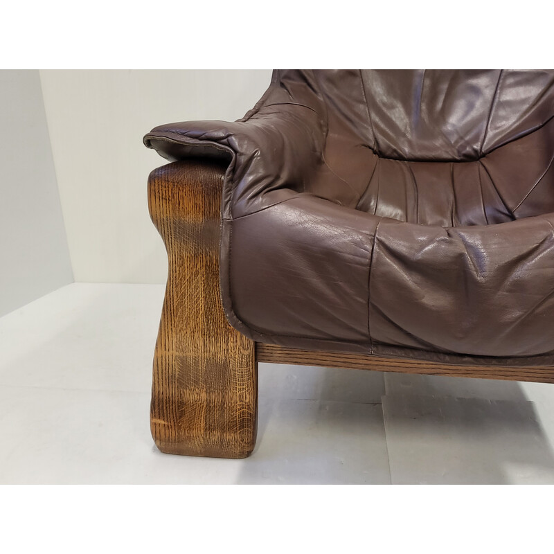 Vintage Brutalist armchair in leather and oak, 1970