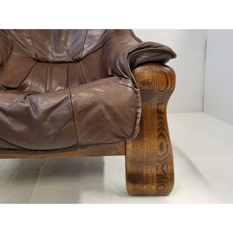 Vintage Brutalist armchair in leather and oak, 1970