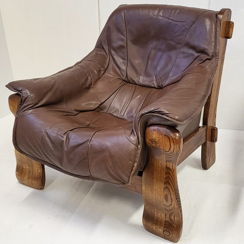 Brutalistischer Vintage-Sessel aus Leder und Eiche, 1970
