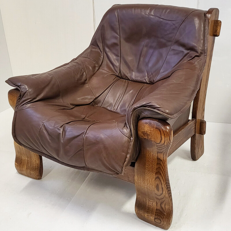 Vintage Brutalistische fauteuil in leer en eik, 1970