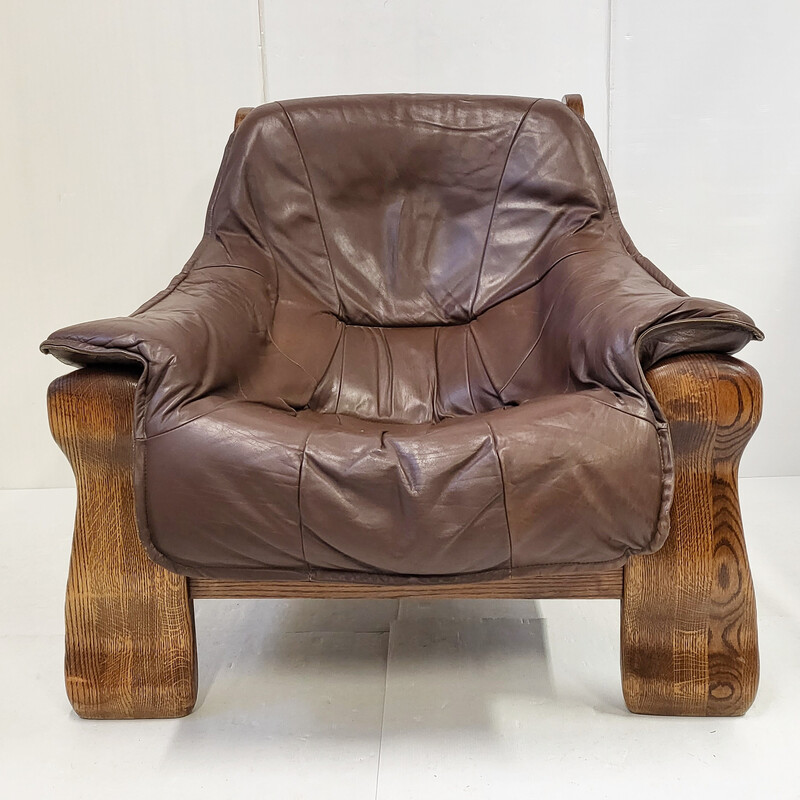 Vintage Brutalistische fauteuil in leer en eik, 1970