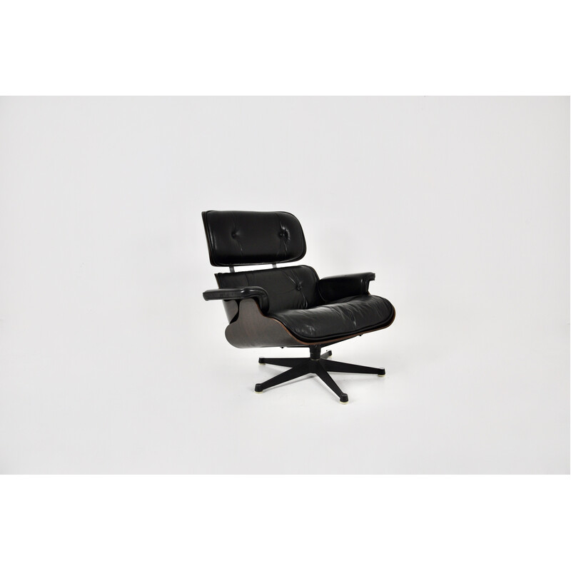 Cadeirão de couro preto e madeira Vintage de Charles e Ray Eames para Icf Herman Miller, 1970