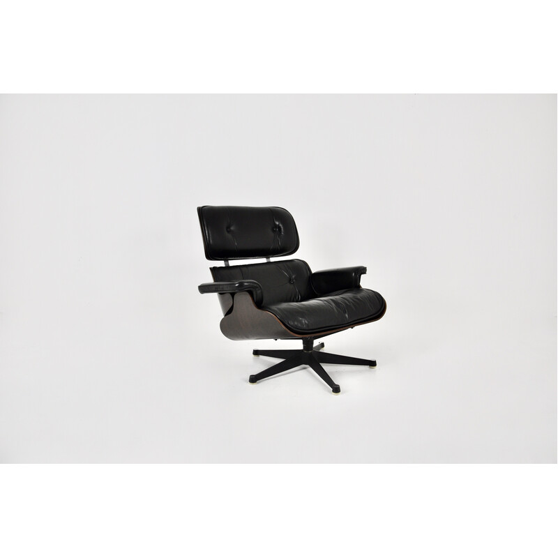 Vintage black leather and wood armchair by Charles and Ray Eames for Icf Herman Miller, 1970