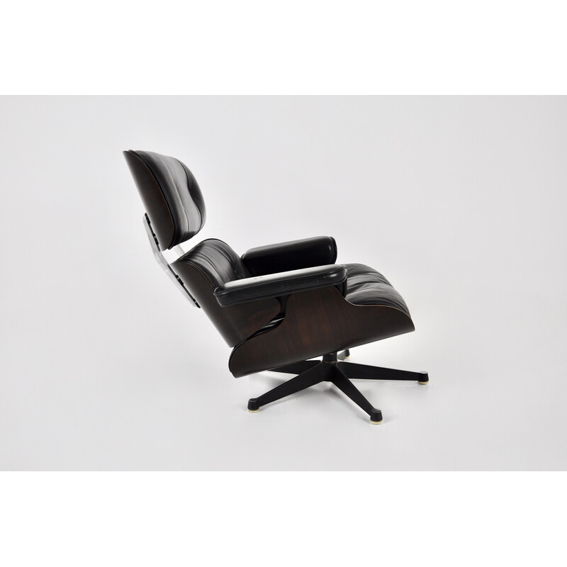 Vintage black leather and wood armchair by Charles and Ray Eames for Icf Herman Miller, 1970