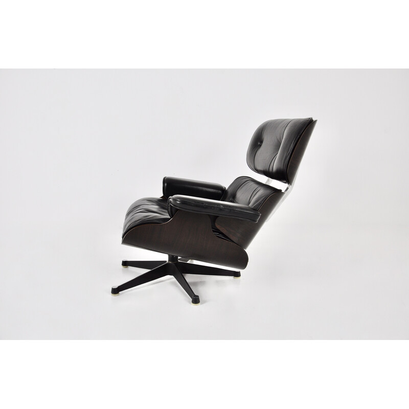 Vintage black leather and wood armchair by Charles and Ray Eames for Icf Herman Miller, 1970