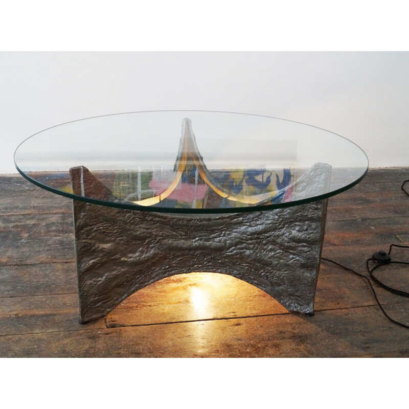 Brutalist coffee table in tin and glass - 1960s