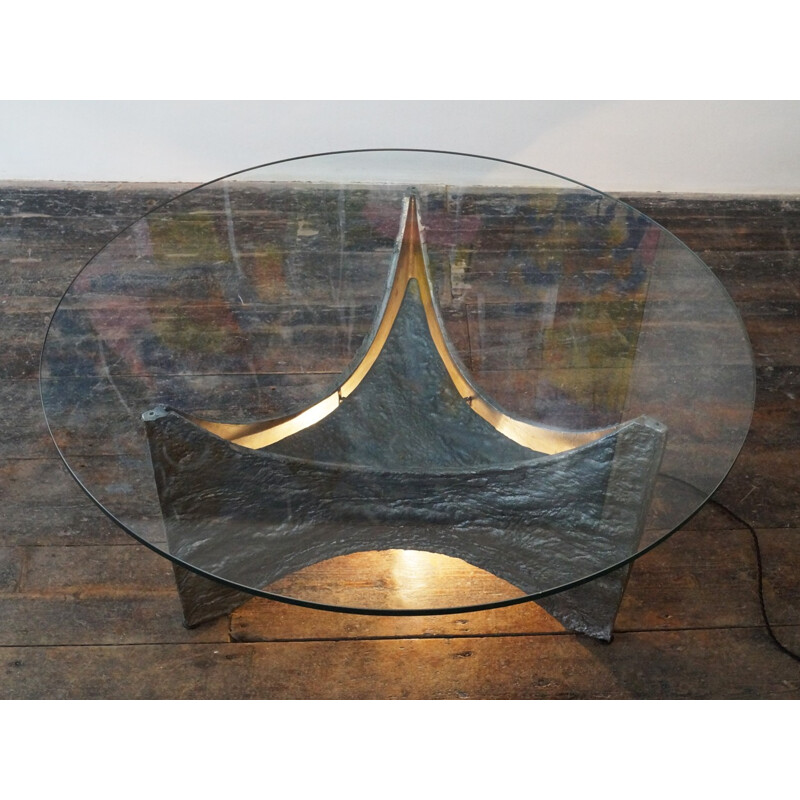 Brutalist coffee table in tin and glass - 1960s