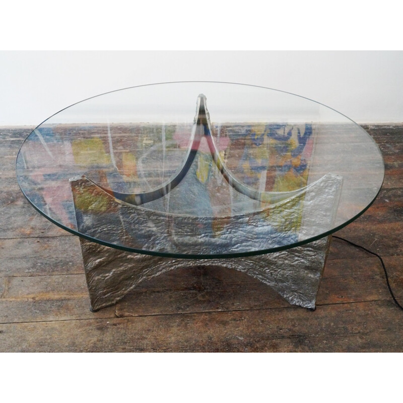 Brutalist coffee table in tin and glass - 1960s
