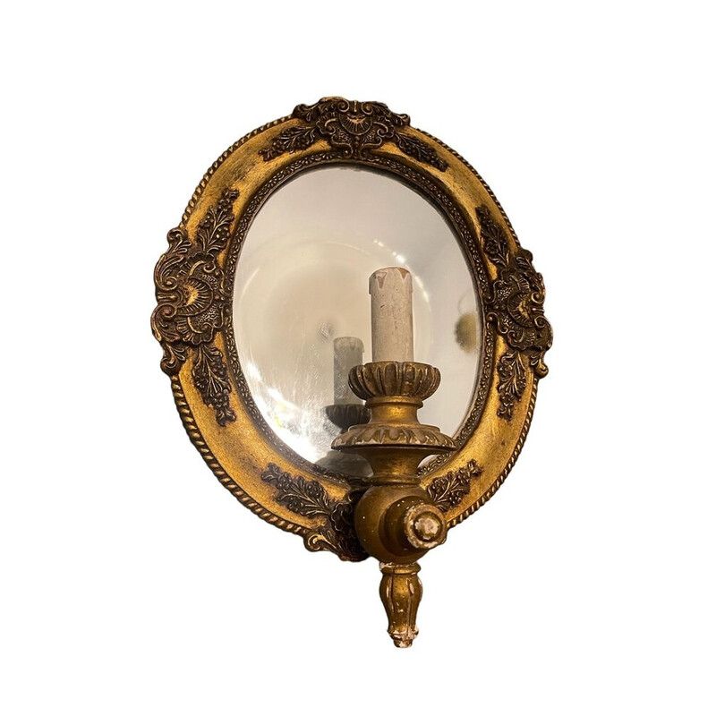 Italian vintage gold gilded wooden and mirror wall lamp, 1950s