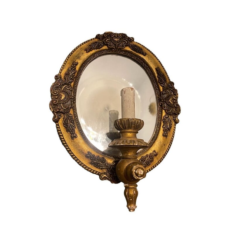 Lampada da parete italiana vintage in legno dorato e specchio, anni '50