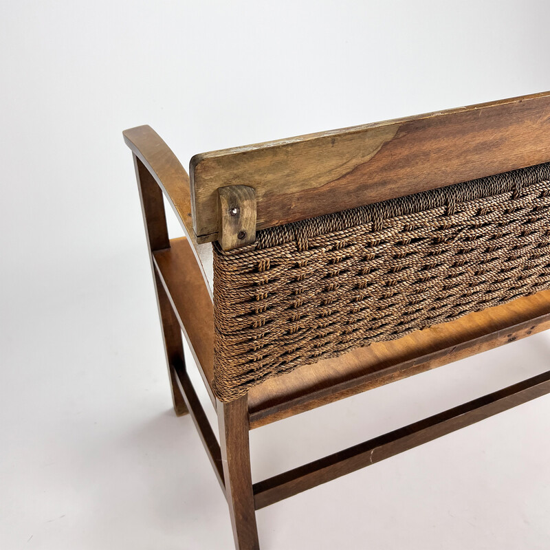 French vintage rope and elm wood bench, 1960s