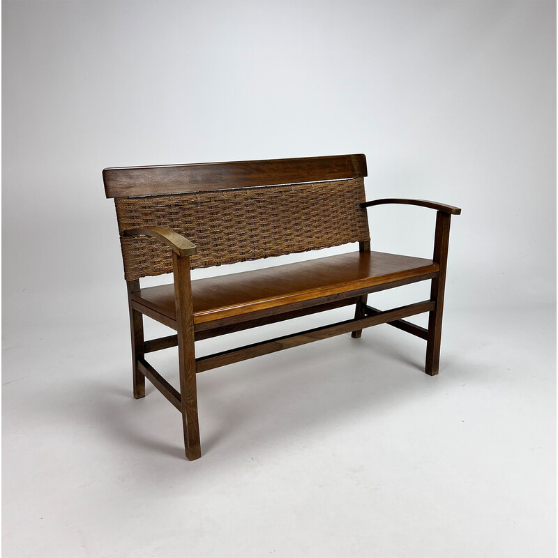 French vintage rope and elm wood bench, 1960s
