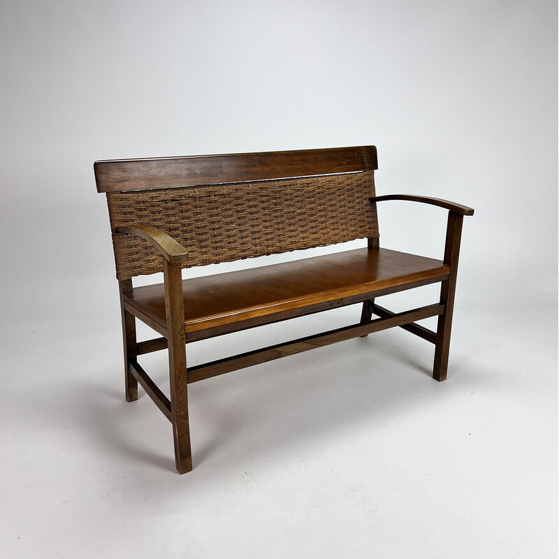 French vintage rope and elm wood bench, 1960s