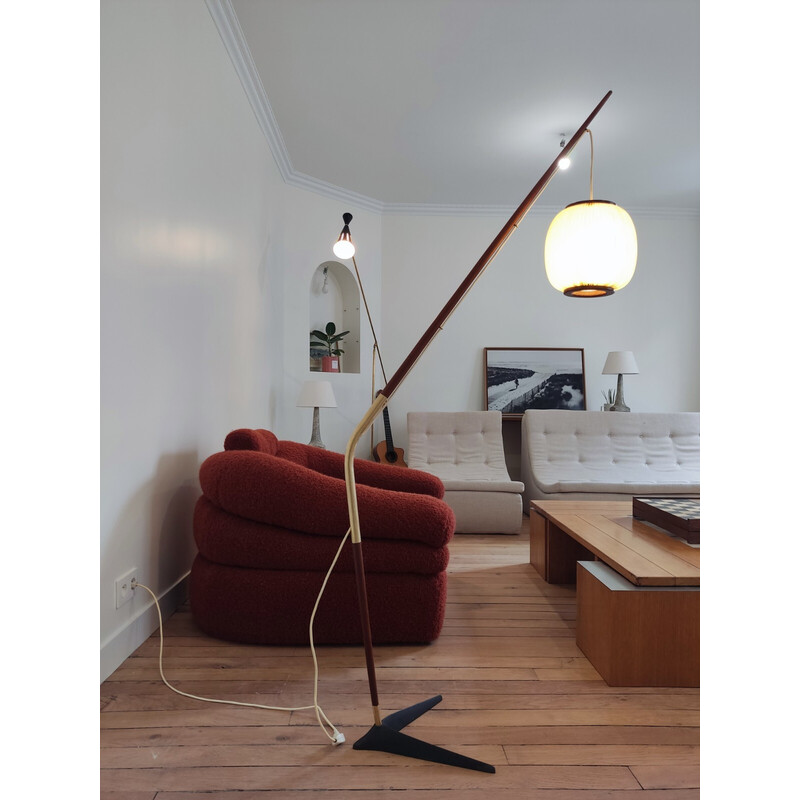 Lámpara de pie vintage con caña de pescar de Svend Aage Holm Sorensen, Dinamarca 1950