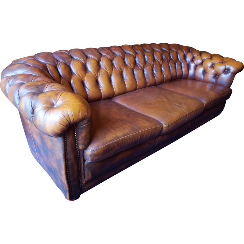 Sofá Chesterfield vintage de 3 plazas en piel color castaño