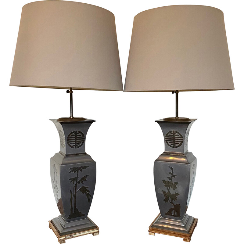Paar vintage messing en houten tafellampen, 1970-1980