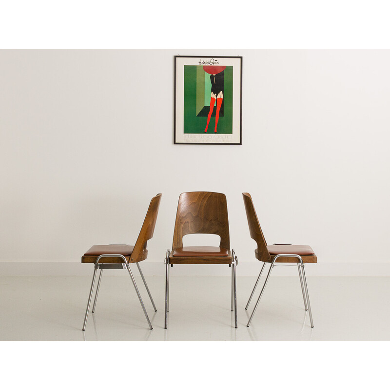 Set of 3 vintage Jomain Baumann chairs in cognac leatherette, 1960