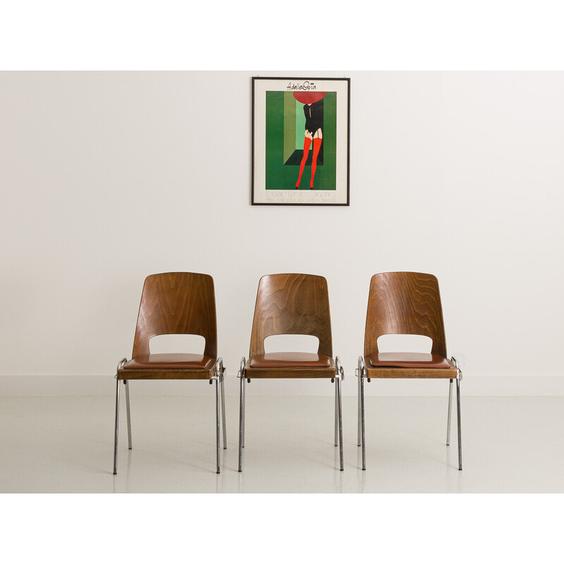 Set of 3 vintage Jomain Baumann chairs in cognac leatherette, 1960