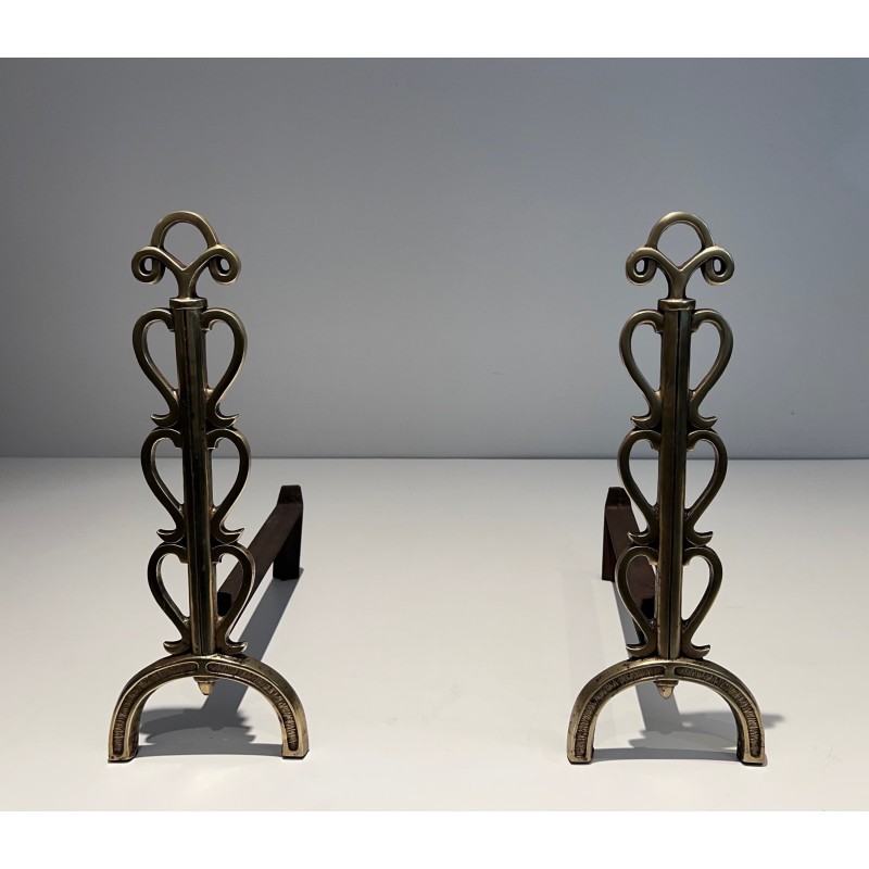 Pair of vintage brass and wrought iron andirons, 1940