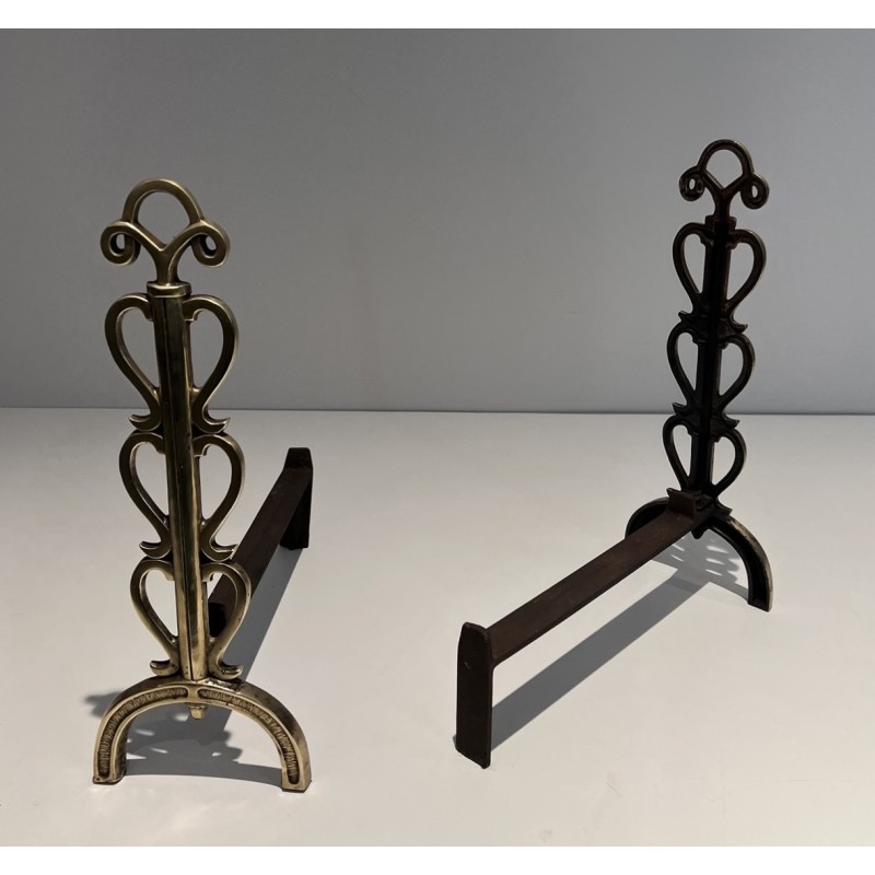 Pair of vintage brass and wrought iron andirons, 1940