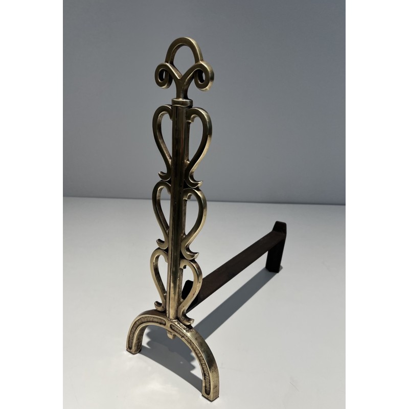 Pair of vintage brass and wrought iron andirons, 1940