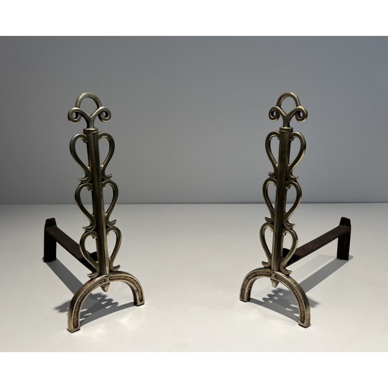 Pair of vintage brass and wrought iron andirons, 1940