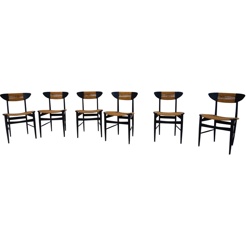 Set of 6 mid-century chairs in black wood and rope, Italy 1960s