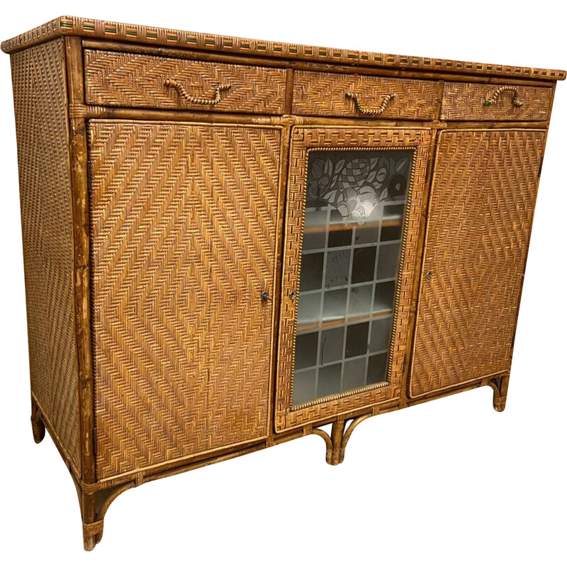 Credenza vintage Arts and Crafts in legno di rattan, bambù e vetro, Inghilterra