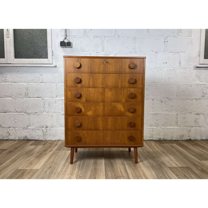 Cassettiera vintage scandinava in teak con 6 cassetti, 1960