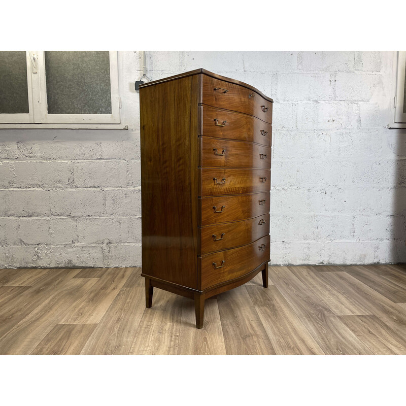 Scandinavian vintage chest of drawers with curved front in lacquered walnut, 1960