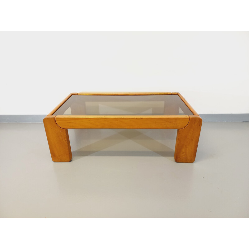 Vintage elm and smoked glass coffee table by Maison Regain, 1970-1980