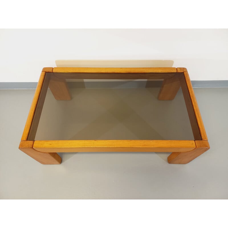 Vintage elm and smoked glass coffee table by Maison Regain, 1970-1980