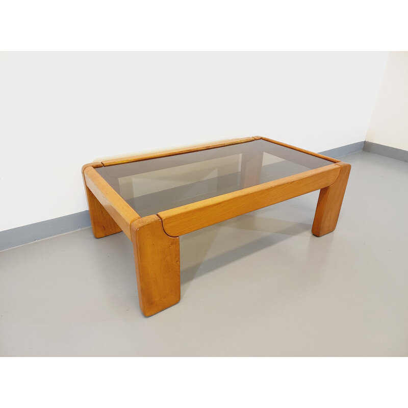 Vintage elm and smoked glass coffee table by Maison Regain, 1970-1980