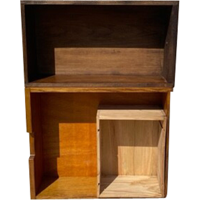 Vintage oakwood shelf with geometric drawers