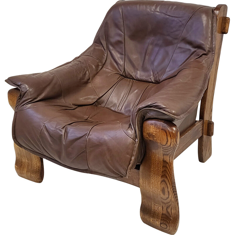 Vintage Brutalist armchair in leather and oak, 1970