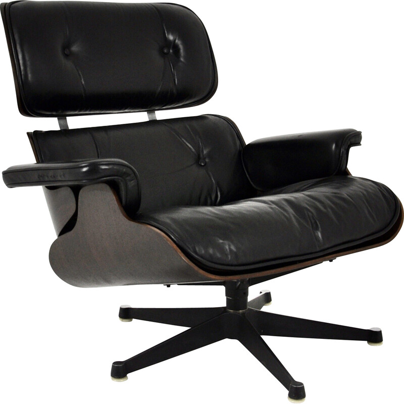 Cadeirão de couro preto e madeira Vintage de Charles e Ray Eames para Icf Herman Miller, 1970