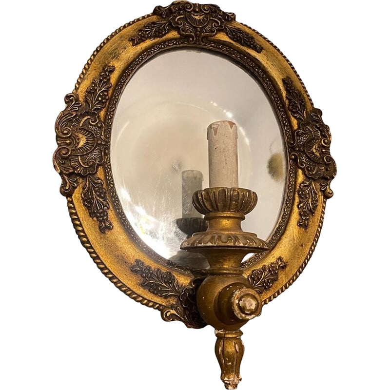 Italiaanse vintage vergulde houten wandlamp met spiegel, jaren 1950