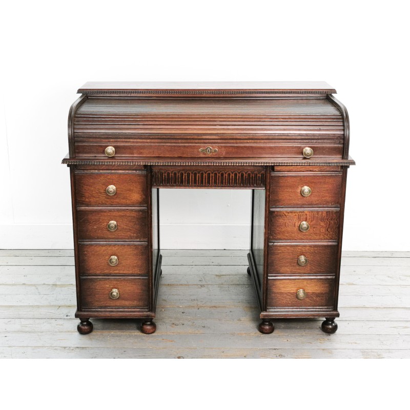 Vintage tambour roll top oakwood desk by Angus William and Co, 1900